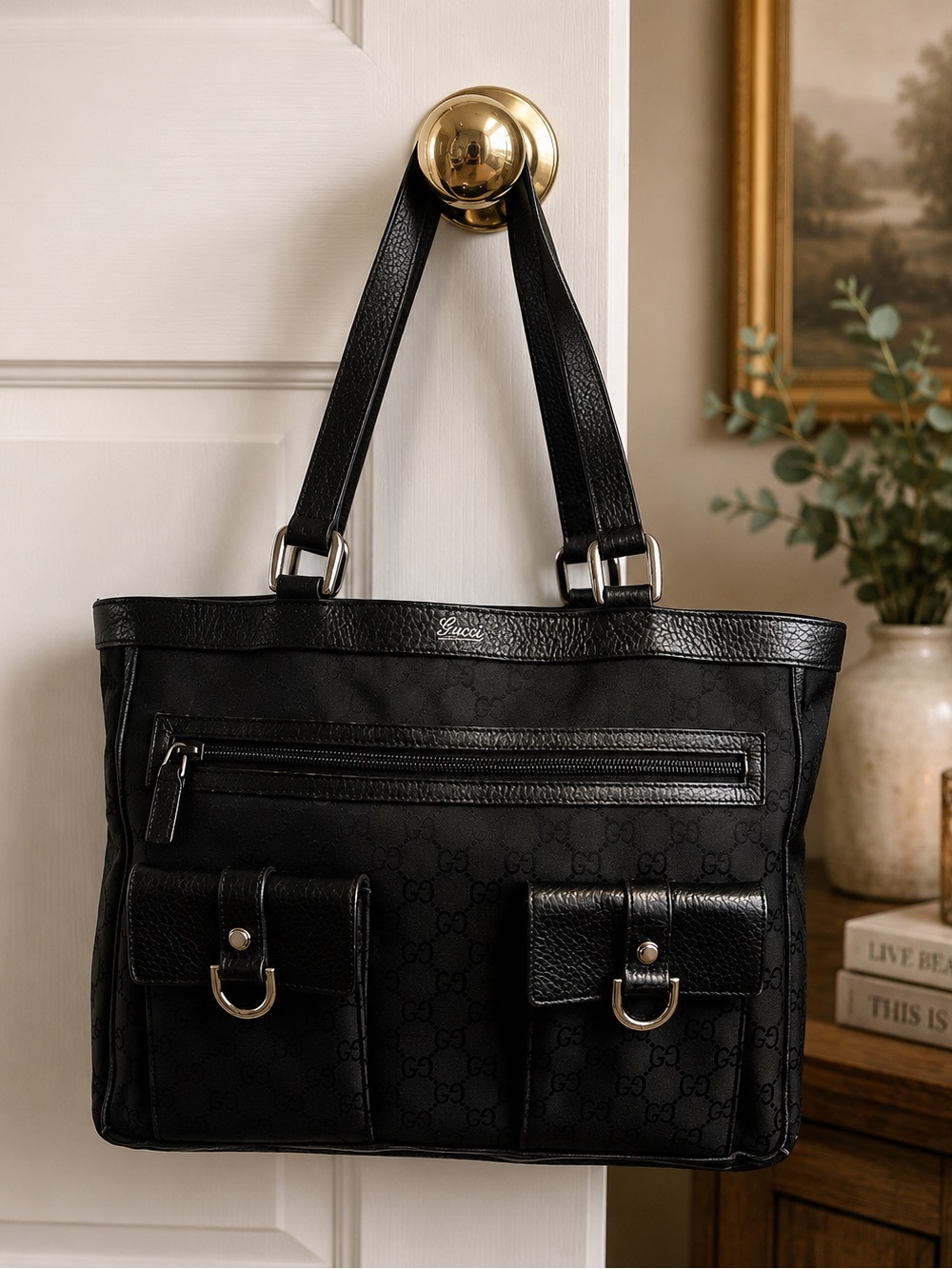 Gucci Black GG Monogram Dual-Pocket Tote